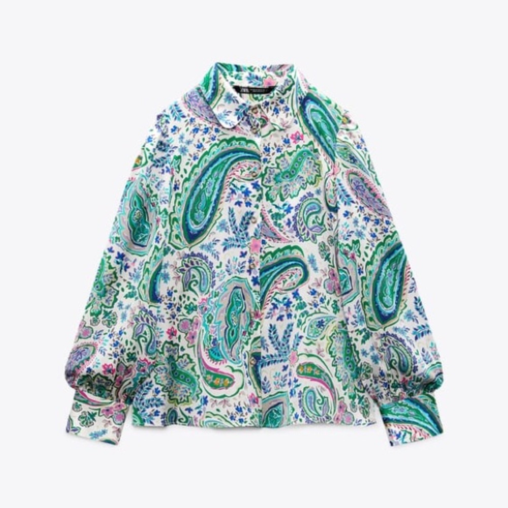 Zara White Green Paisley Print Long Sleeve Collared Button Up Blouse Size XL